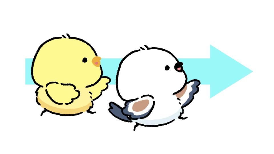 走るシマエナガとヒヨコの画像